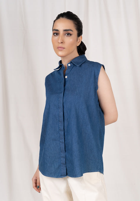 SUMMER DENIM DARK WASH SLEEVELESS SHIRT