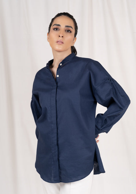 NAVY COTTON LINEN SUMMER SHIRT - OVERSIZED SLEEVES