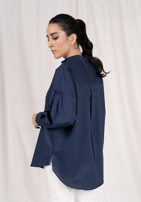 NAVY COTTON LINEN SUMMER SHIRT - OVERSIZED SLEEVES