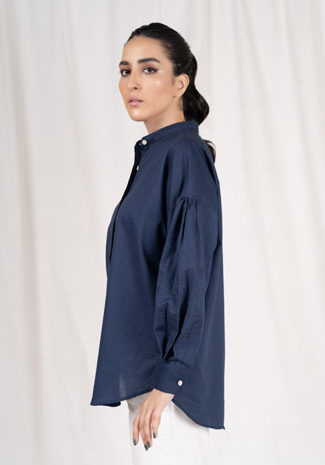 NAVY COTTON LINEN SUMMER SHIRT - OVERSIZED SLEEVES