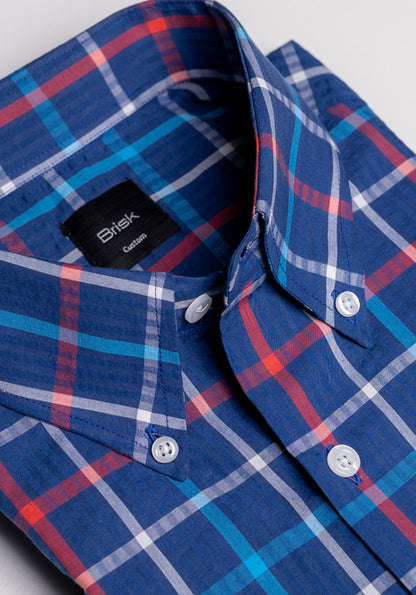 Multi Blue Checkered Seersucker Shirt - Button Down Collar