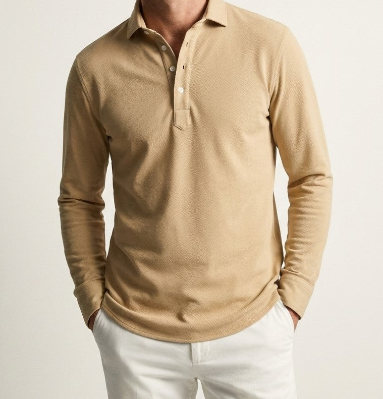 Tan Feather Soft Piqué Popover Full Sleeve Polo Shirt