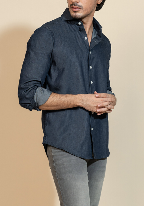 DENIM RINSE WASH SHIRT - CUT AWAY EXTREME COLLAR