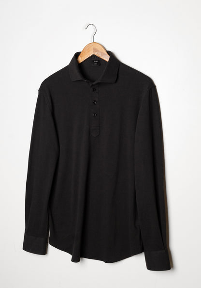Washed Black Feather Soft Piqué Popover Full Sleeve Polo Shirt