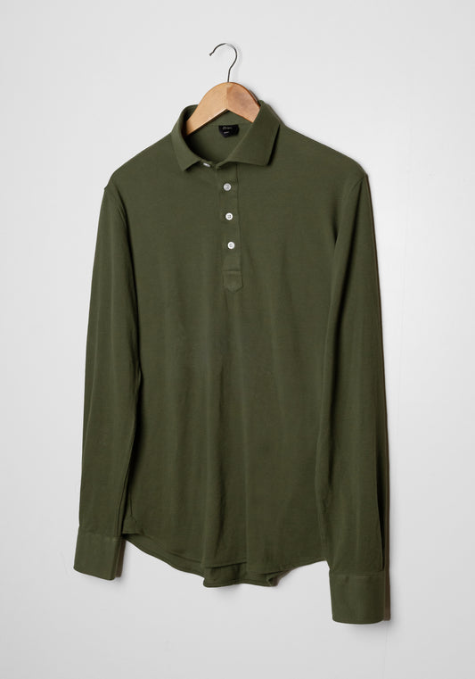 Military Green Feather Soft Piqué Popover Full Sleeve Polo Shirt