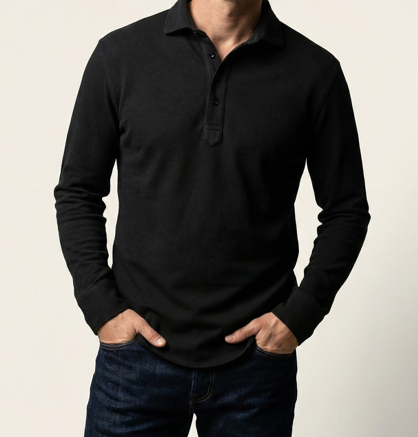 Washed Black Feather Soft Piqué Popover Full Sleeve Polo Shirt - Sale