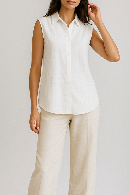WHITE JACQUARD CRISP & AIRY SLEEVELESS SHIRT