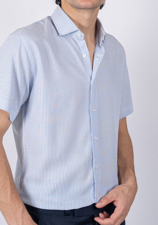 Sky Blue Narrow Stripes Light-weight Shirt - Half Sleeves