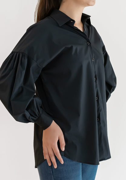 BLACK STRETCH BALLOON SLEEVES RELAXED FIT SHIRT