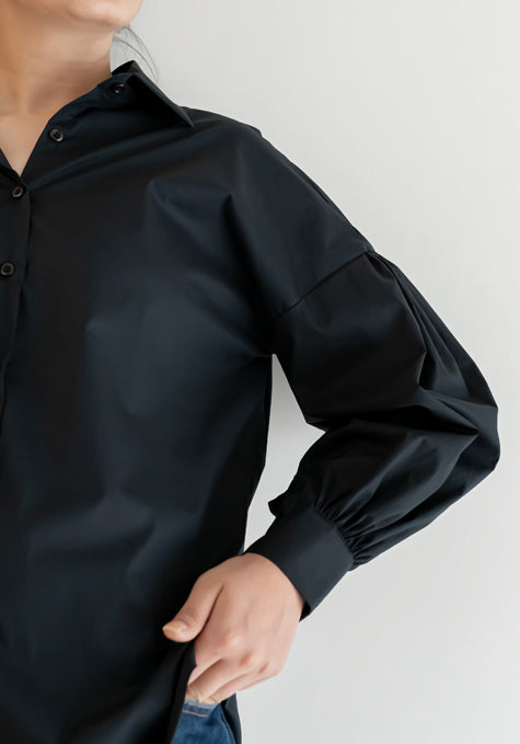 BLACK STRETCH BALLOON SLEEVES RELAXED FIT SHIRT - SALE