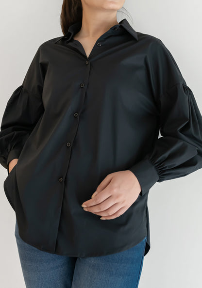 BLACK STRETCH BALLOON SLEEVES RELAXED FIT SHIRT