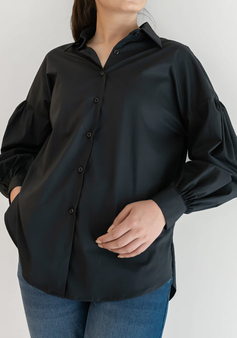 BLACK STRETCH BALLOON SLEEVES RELAXED FIT SHIRT - SALE