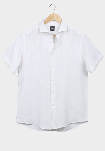 White Cotton Linen Air Half Sleeve Shirt - Sale