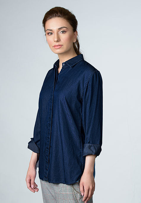 DENIM RINSE WASHED SEMI SLIM SHIRT