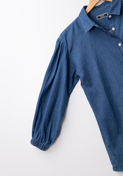 SUMMER DENIM DARK WASH RUFFLED SLEEVES SHIRT