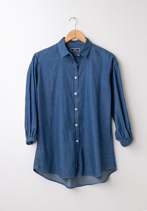 SUMMER DENIM DARK WASH RUFFLED SLEEVES SHIRT