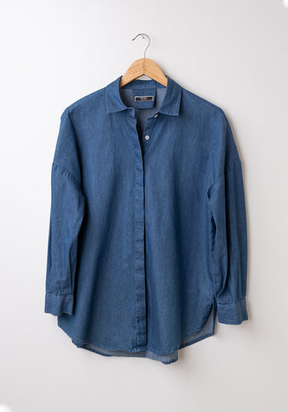 SUMMER DENIM DARK WASH OVERSIZED SHIRT