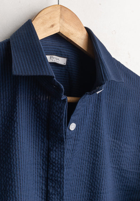 Black & Navy Stretch Relaxed Seersucker Stripes Shirt - Sale